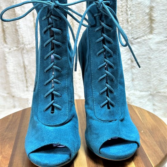 So Me Teal Lace Up High Heel Ankle Boots - Picture 7 of 9